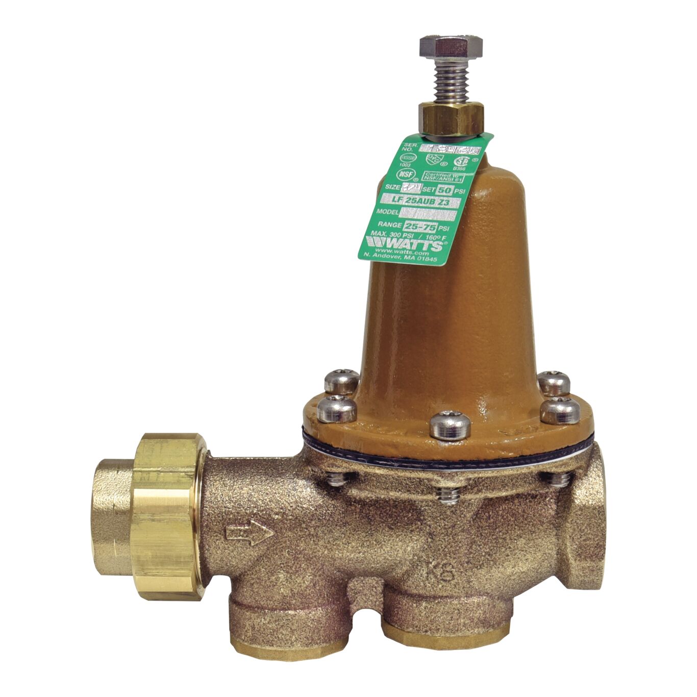 Watts 0009257 LF25AUB-Z3 3/4" Water Pressure Reducing Valve, NPT Union x FPT, 25-75 psi, Lead Free - Edmondson Supply
