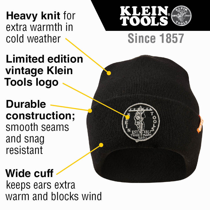 Klein Tools 60388 Heavy Knit Hat, Black, Vintage Patch Logo - Edmondson