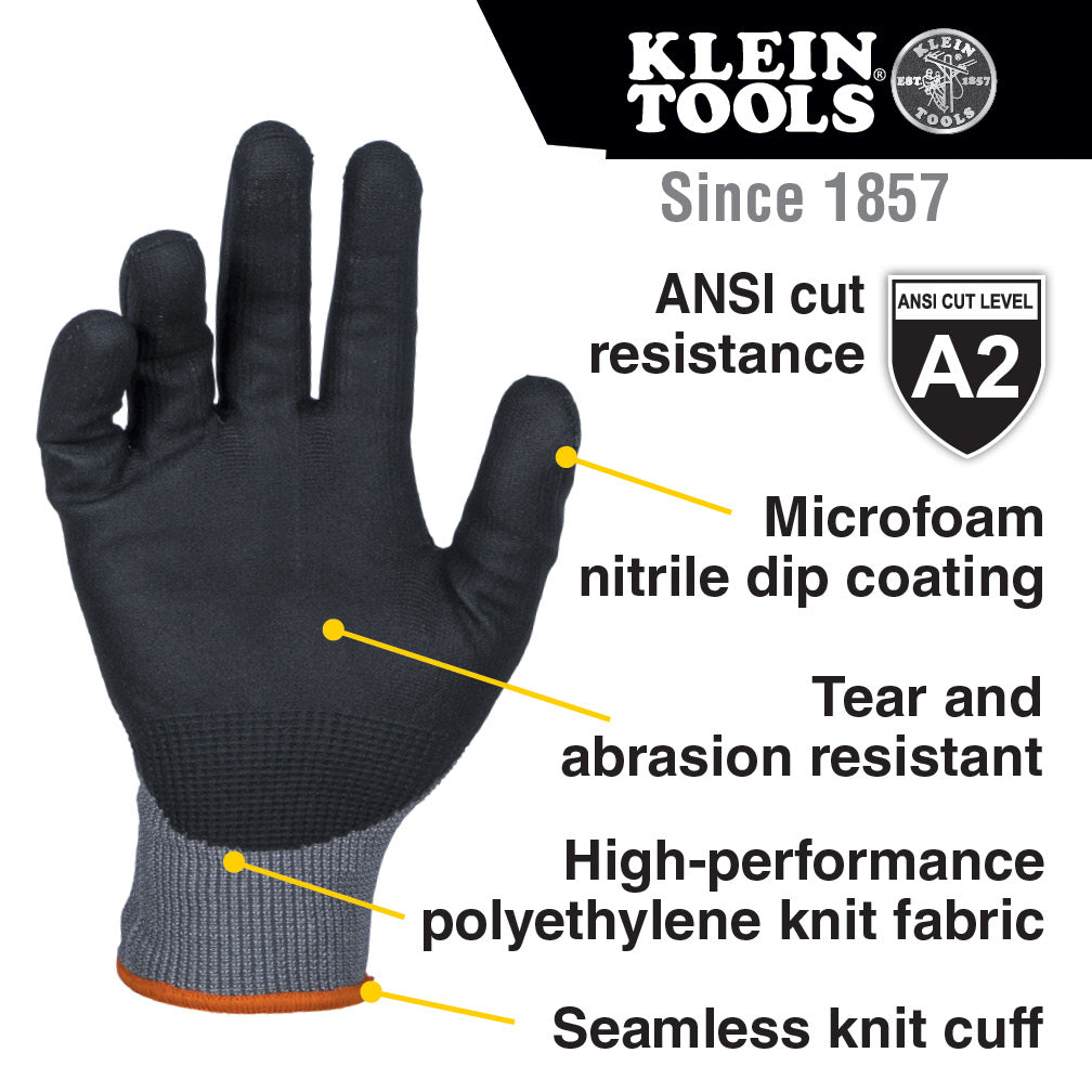 Klein Tools 60585 Knit Dipped Gloves, Cut Level A2, Touchscreen, Large, 2-Pair - Edmondson Supply
