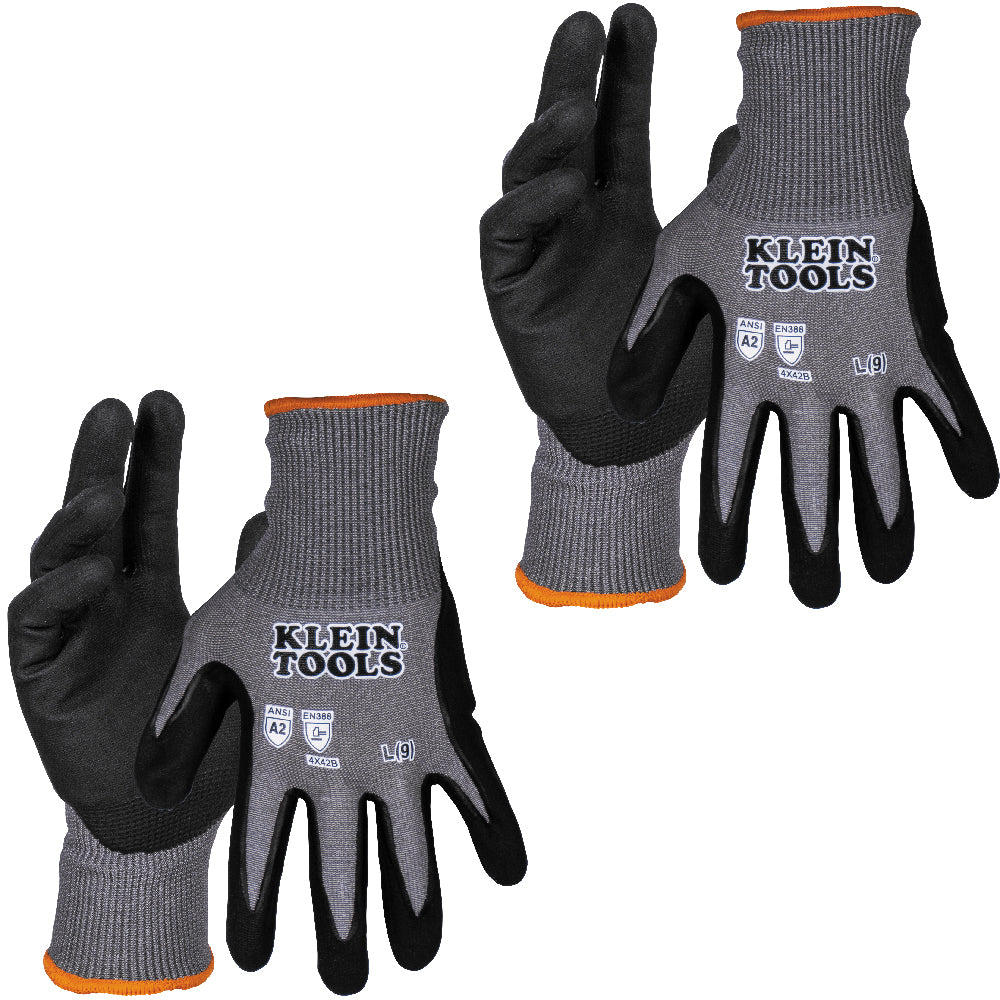 Klein Tools 60585 Knit Dipped Gloves, Cut Level A2, Touchscreen, Large, 2-Pair - Edmondson Supply