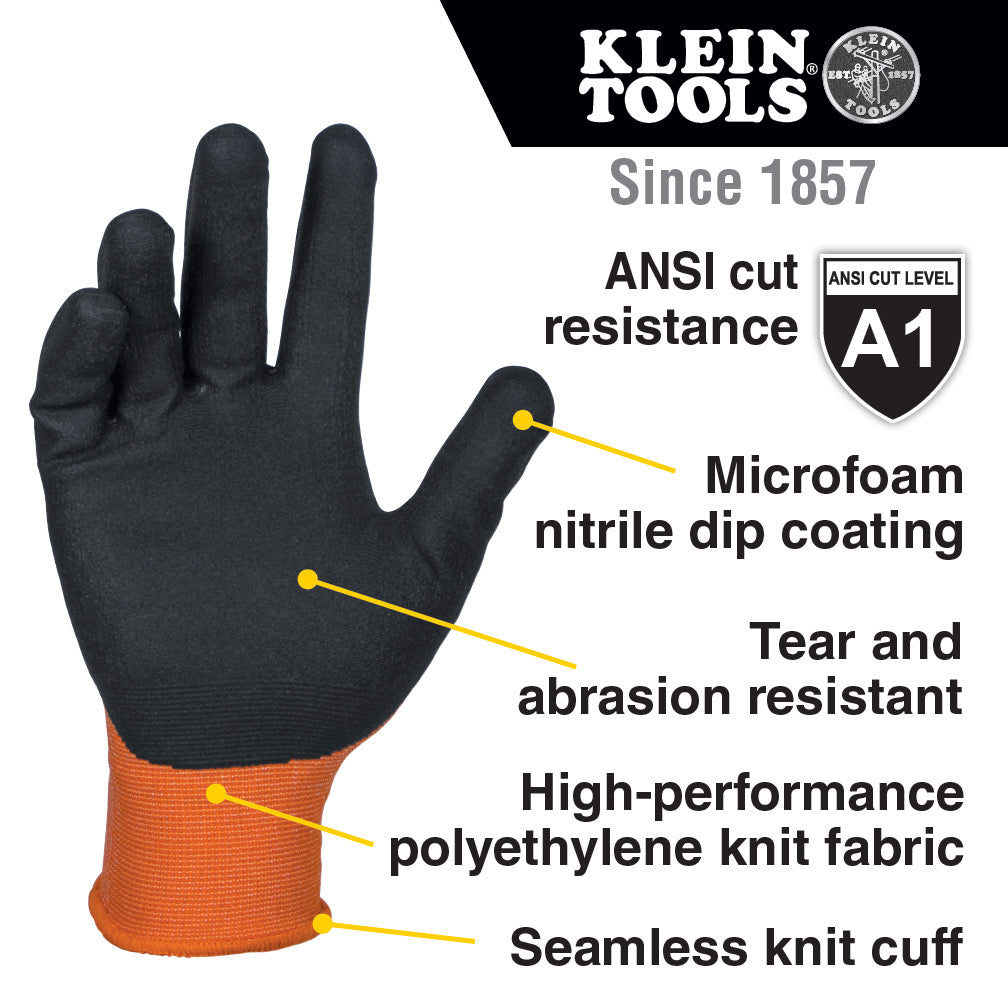 Klein Tools 60672 Knit Dipped Gloves, Cut Level A1, Touchscreen, Large, 1-Pair - Edmondson Supply