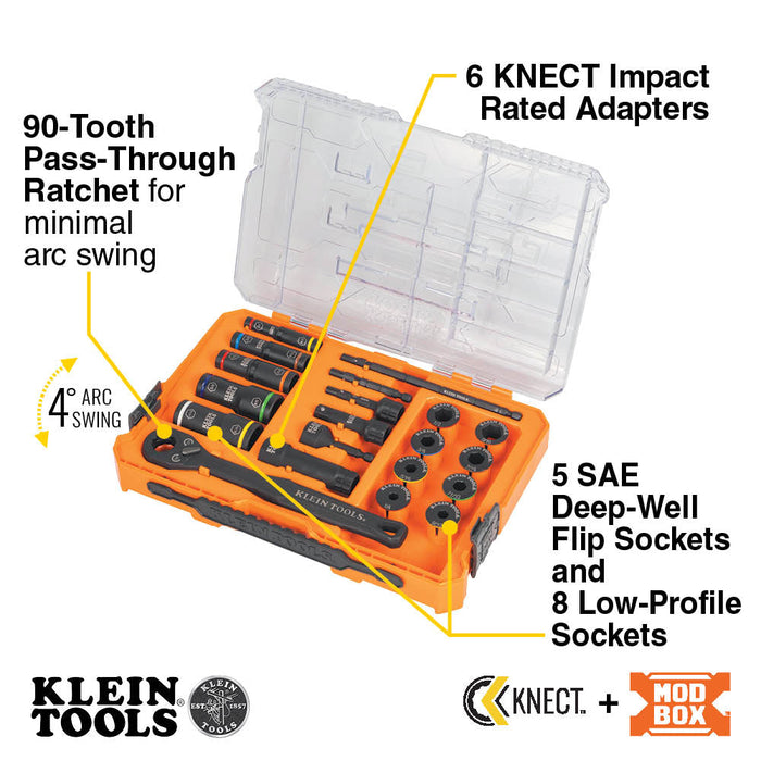 Klein Tools 65240 KNECT™ Impact Pass Through and Deep-Well Flip Socket Set, 20-Piece - Edmondson Supply
