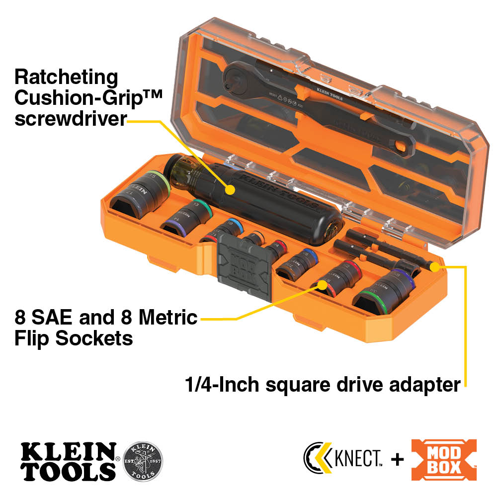 Klein Tools 65242 Flip-16 KNECT™ Ratcheting Impact Flip Socket Screwdriver Set - Edmondson Supply