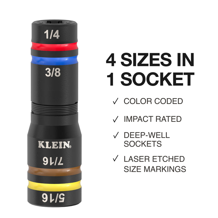 Klein Tools 652QS Quad-8 Deep-Well Heavy-Duty Impact Flip Sockets, SAE, 3-Piece - Edmondson Supply