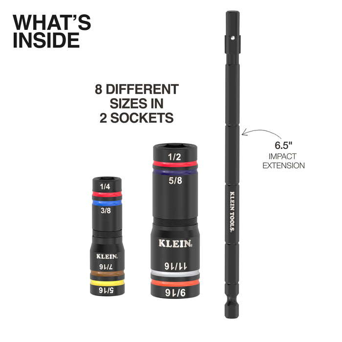Klein Tools 652QS Quad-8 Deep-Well Heavy-Duty Impact Flip Sockets, SAE, 3-Piece - Edmondson Supply