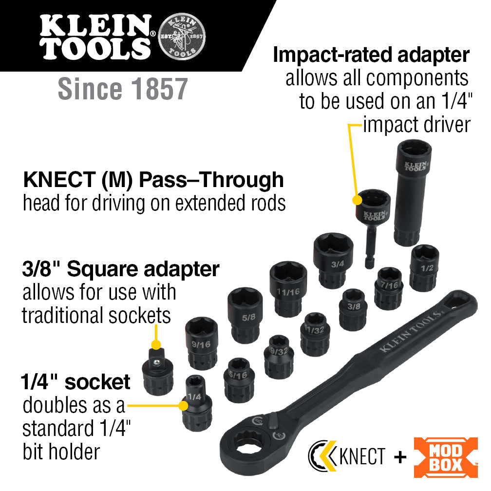 Klein Tools 65400 KNECT™ 3/8-Inch Drive Impact-Rated Pass Through Socket Set, 15-Piece - Edmondson Supply
