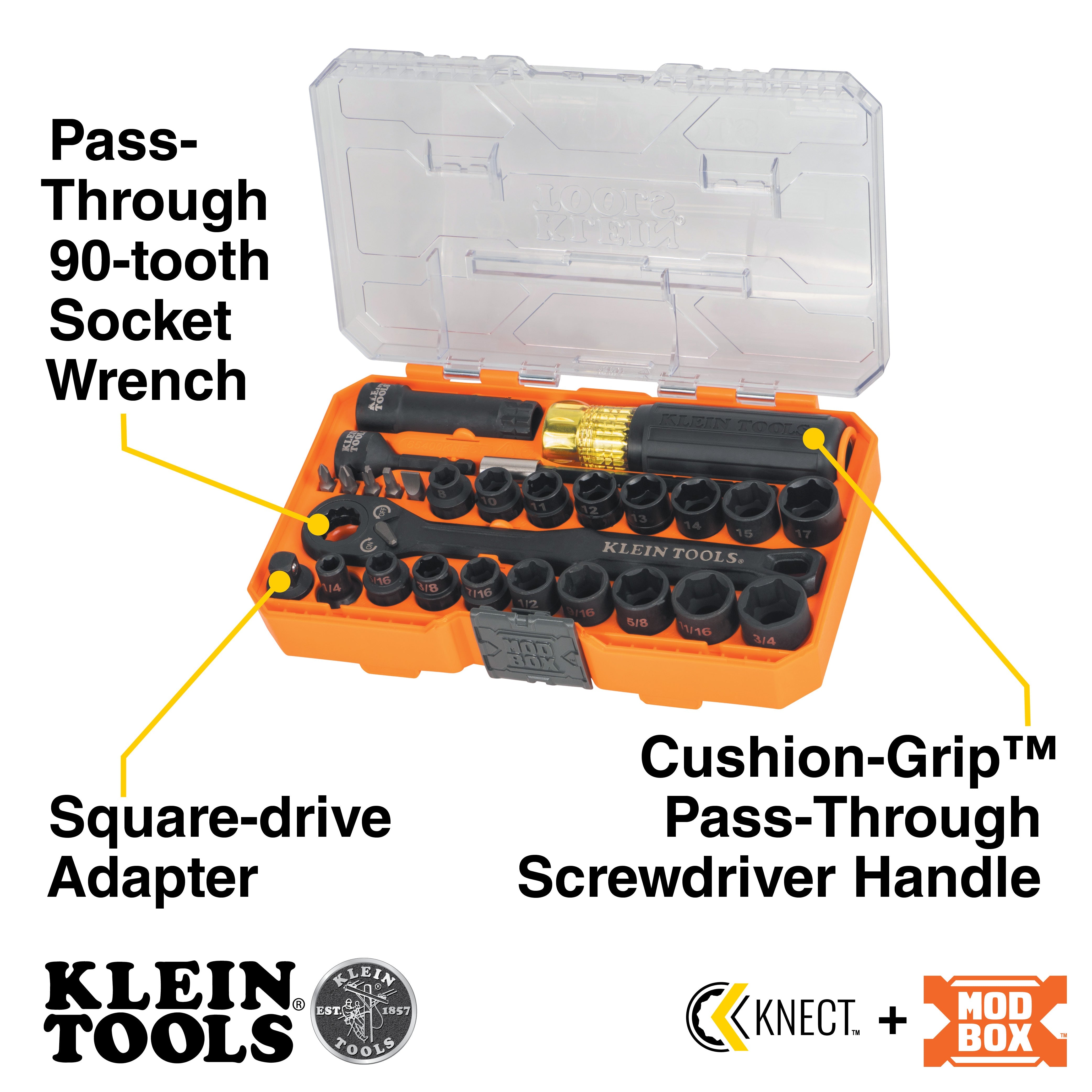 Klein Tools 65400KNECT KNECT™ Essential Pass Through Impact Socket Set, SAE, Metric, 28-Piece - Edmondson Supply