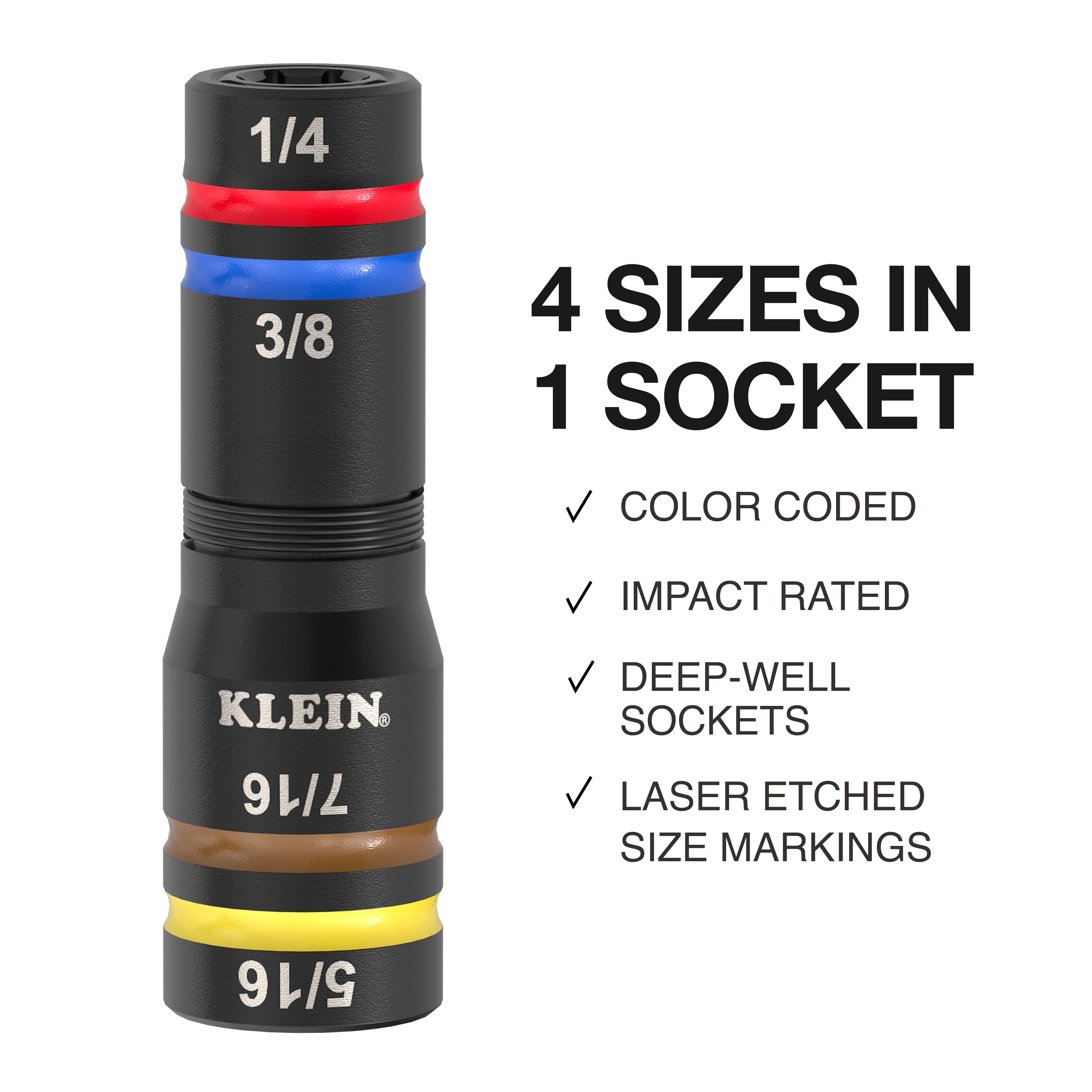 Klein Tools 654QS KNECT™ Quad-16 Heavy-Duty Impact Flip Sockets, SAE and Metric, 6-Piece - Edmondson Supply