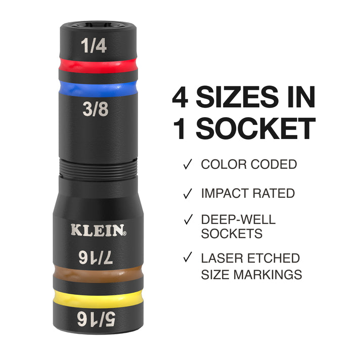 Klein Tools 654QS KNECT™ Quad-16 Heavy-Duty Impact Flip Sockets, SAE and Metric, 6-Piece - Edmondson Supply