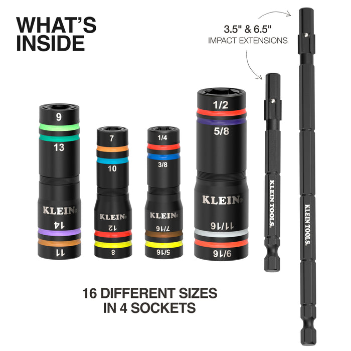 Klein Tools 654QS KNECT™ Quad-16 Heavy-Duty Impact Flip Sockets, SAE and Metric, 6-Piece - Edmondson Supply