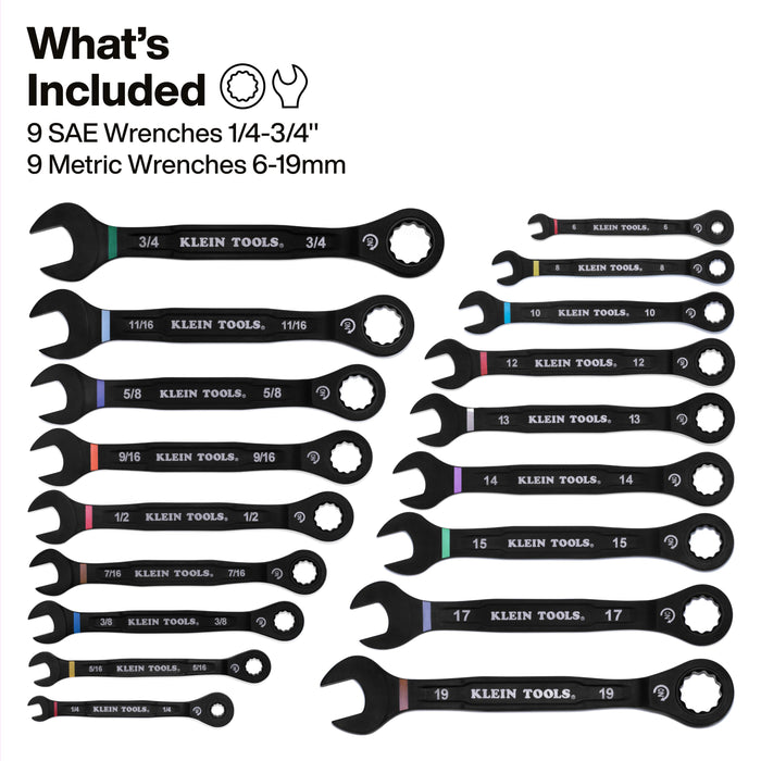 Klein Tools 69418CG Ratcheting Combination Wrench Set, SAE / Metric, 18-Piece - Edmondson Supply
