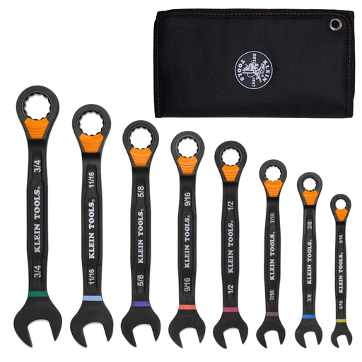 Klein Tools 69508 Ratcheting Combination Slide-Lock Wrench Set, SAE, 8-Piece - Edmondson Supply