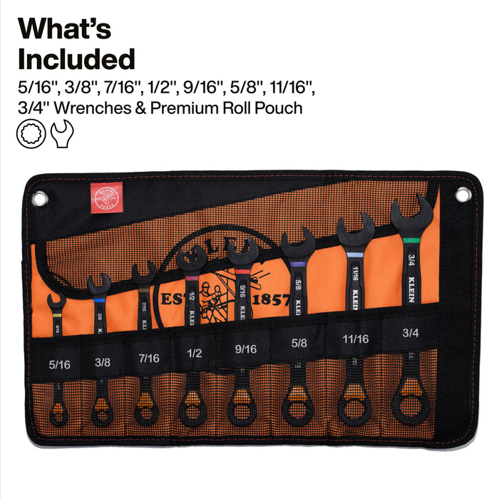 Klein Tools 69508 Ratcheting Combination Slide-Lock Wrench Set, SAE, 8-Piece - Edmondson Supply