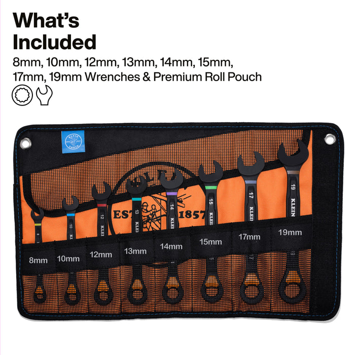 Klein Tools 69508M Ratcheting Combination Slide-Lock Wrench Set, Metric, 8-Piece - Edmondson Supply