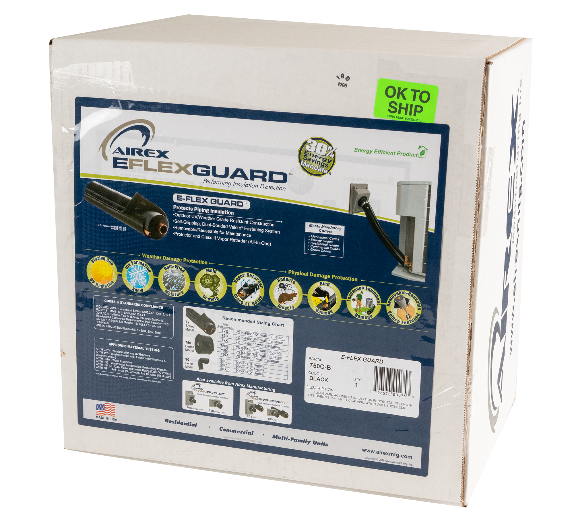 Airex 750C-B E-FLEX GUARD Protective Cover for 5/8" - 7/8" Line Sets with 3/4" Wall Insulation, 75ft, Black
