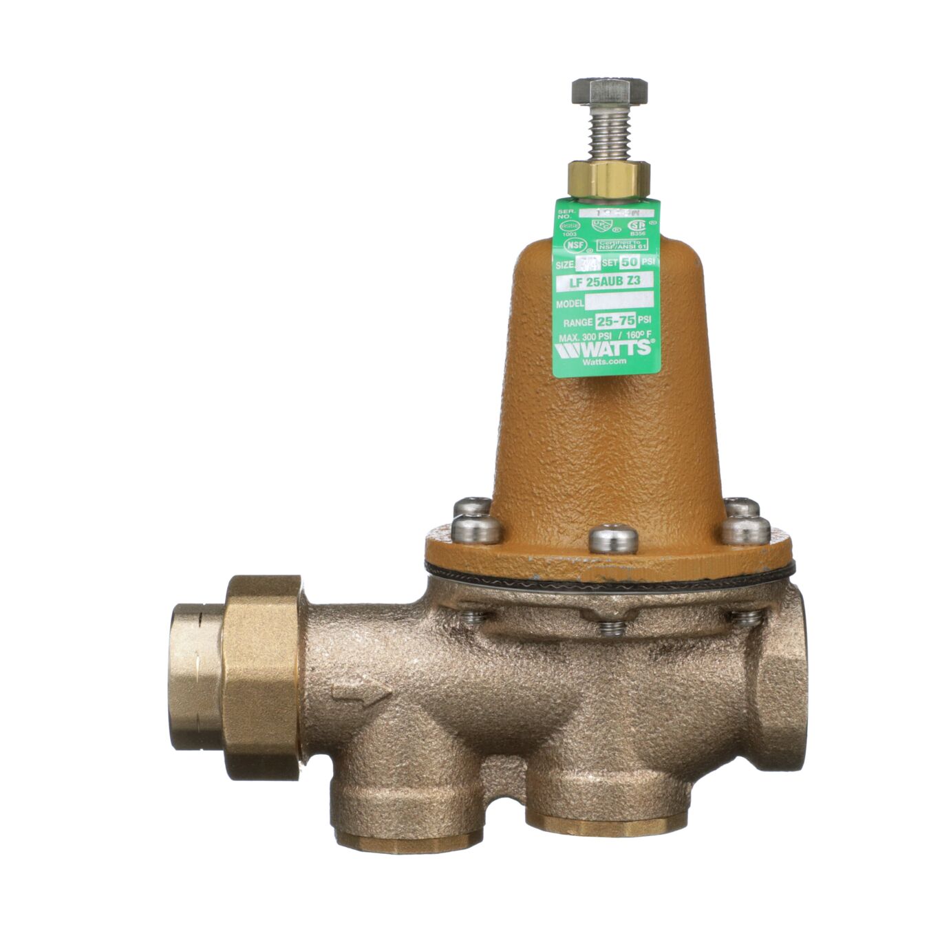 Watts 0009257 LF25AUB-Z3 3/4" Water Pressure Reducing Valve, NPT Union x FPT, 25-75 psi, Lead Free - Edmondson Supply