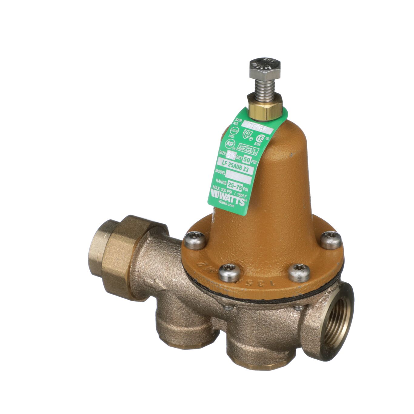 Watts 0009257 LF25AUB-Z3 3/4" Water Pressure Reducing Valve, NPT Union x FPT, 25-75 psi, Lead Free - Edmondson Supply