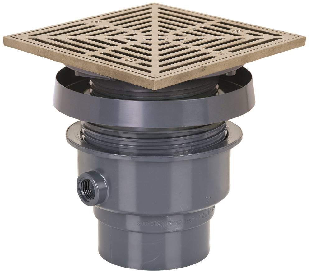 Sioux Chief 832-36PNQ FinishLine™ On-Grade Floor Drain, 3'' x 4" PVC Hub - 7'' Square Nickel-Bronze Ring & Strainer - Edmondson Supply