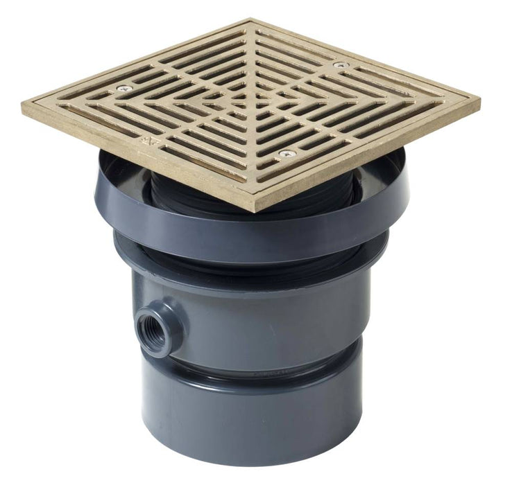 Sioux Chief 832-4PNQ FinishLine™ On-Grade Floor Drain, 4" PVC Hub - 7'' Square Nickel-Bronze Ring & Strainer - Edmondson Supply