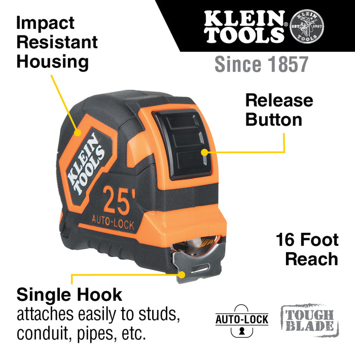 Klein Tools 9125AL Tape Measure, 25-Foot Single-Hook Auto-Lock - Edmondson Supply