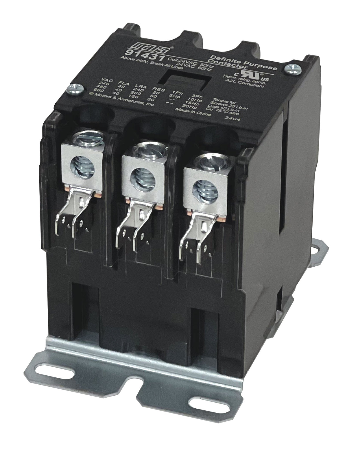Mars 91431 3 Pole 40 Amp Definite Purpose Contactor with Lugs, 24V Coi ...