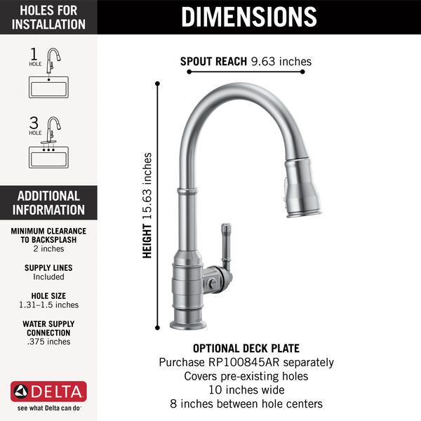Delta BRODERICK™ 9190-AR-DST Single Handle Pull-Down Kitchen Faucet In Arctic Stainless