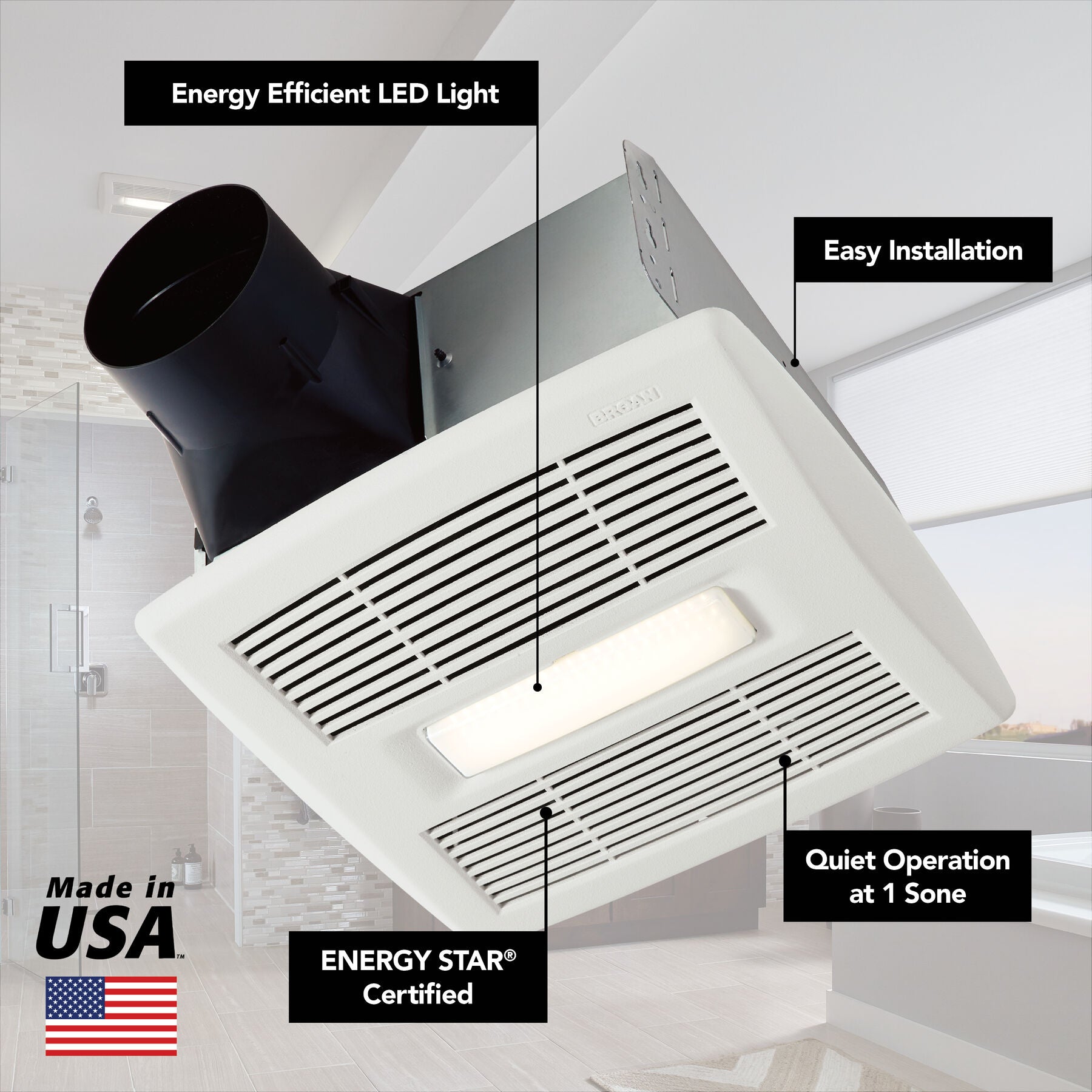 Broan-NuTone® AE110L Flex Series 110 CFM Ceiling Roomside Installation Bathroom Exhaust Fan with Light - Edmondson Supply
