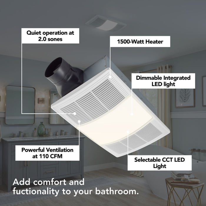 Broan® BHFLED110 PowerHeat™ 110 CFM 2.0 Sones Heater Exhaust Fan with CCT LED Lighting - Edmondson Supply
