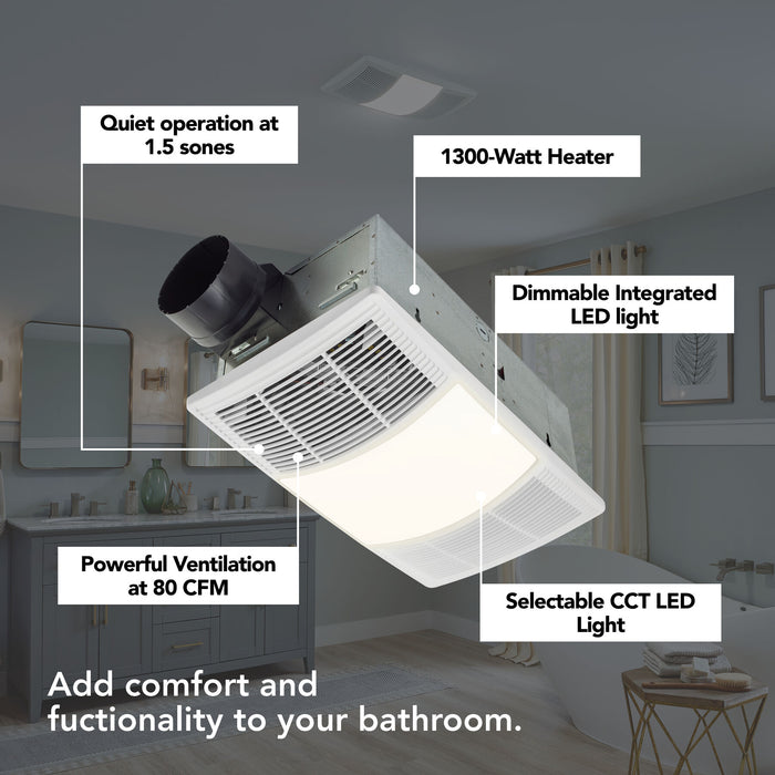 Broan® BHFLED80 PowerHeat™ 80 CFM 1.5 Sones Heater Exhaust Fan with CCT LED Lighting - Edmondson Supply