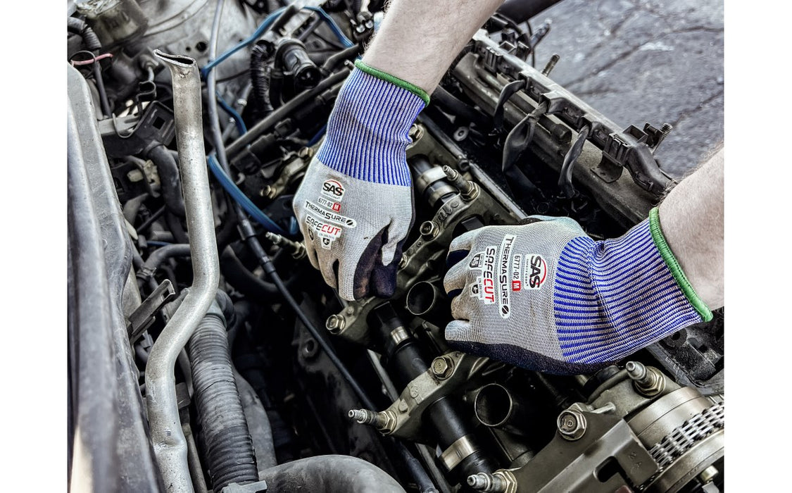 SAS Safety Corp 6777-12 SafeCut® ThermaSure® Cooling Nitrile Coated Palm Gloves - A5 Cut Level, Size S/M - Edmondson Supply