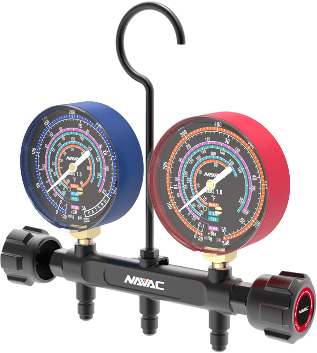 NAVAC NMG12A Pro Series Manifold Gauge, 3-1/8" O.D., Brass Body, R-454B/R-32/R-410A/R-22 - Edmondson Supply