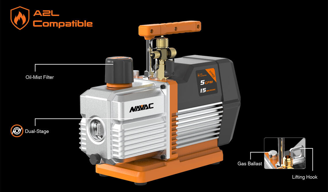 NAVAC NP5DP2 Vacuum Pump, 5 CFM, 2-Stage, 15 Microns, A2L, Pro Series - Edmondson Supply