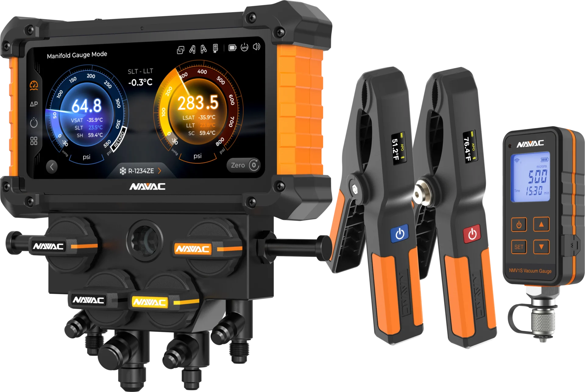 NAVAC NX4GV NEXUS™ 2 Digital Manifold Gauge, 4-Valve, Bluetooth, A2L, (Vacuum Gauge Included) - Edmondson Supply