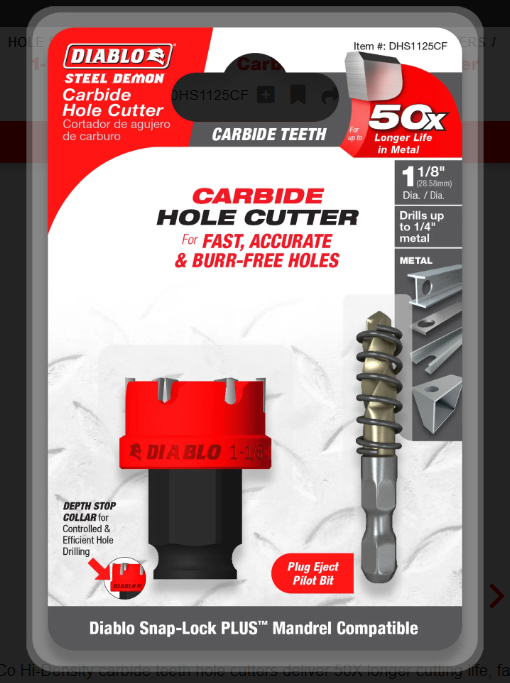 Diablo Tools DHS1125CF 1-1/8" Steel Demon™ Carbide Teeth Hole Cutter - Edmondson Supply