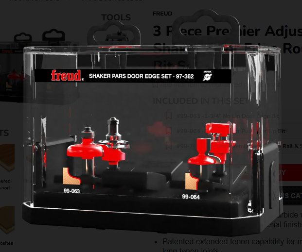 Freud 97-362 3 Piece Premier Adjustable Shaker Door Edge Router Bit Set - Edmondson Supply