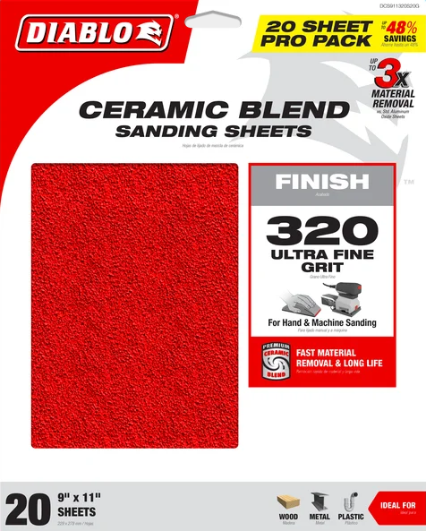 Diablo Tools DCS911320S20G 9" x 11" 320-Grit Sanding Sheet (20 pieces) - Edmondson Supply