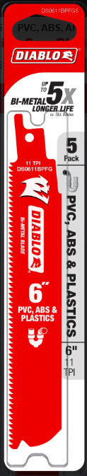 Diablo Tools DS0611BPFG5 6" 11TPI Bi-Metal Reciprocating Saw Blade for PVC, ABS, and Plastics - Edmondson Supply