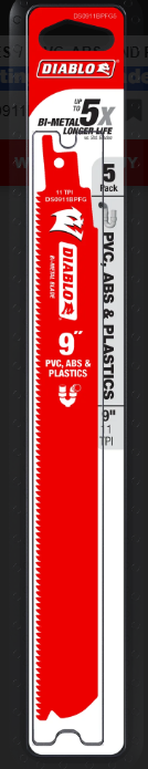 Diablo Tools DS0911BPFG5 9" 11TPI Bi-Metal Reciprocating Saw Blade for PVC, ABS, and Plastics (5-pack) - Edmondson Supply