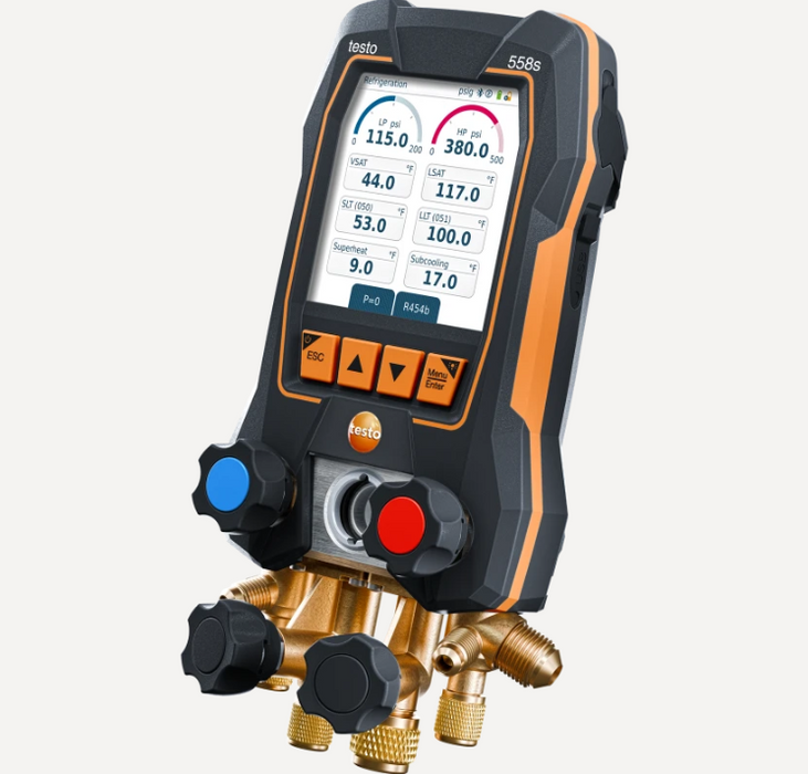 Testo 0564 5583 01 - 558s Smart Vacuum Kit with Filling Hoses - Smart Digital Manifold with Wireless Temperature and Vacuum Probes and 4-Hose Charging Set - Edmondson Supply