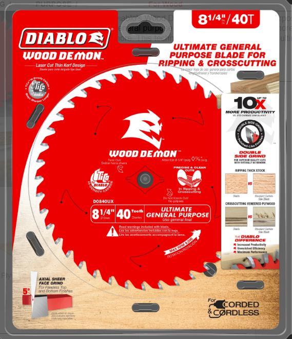 Diablo Tools D0840UX 8-1/4" x 40-Teeth Wood Demon™ Ultimate General Purpose Carbide Saw Blade for Wood - Edmondson Supply