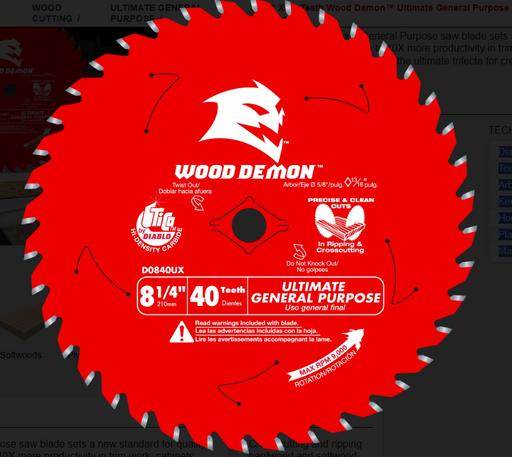 Diablo Tools D0840UX 8-1/4" x 40-Teeth Wood Demon™ Ultimate General Purpose Carbide Saw Blade for Wood - Edmondson Supply