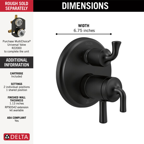 Delta KAYRA™ T27833-BL 2-Handle Monitor 17 Series Valve Trim With 3- Or 6- Setting Diverter In Matte Black