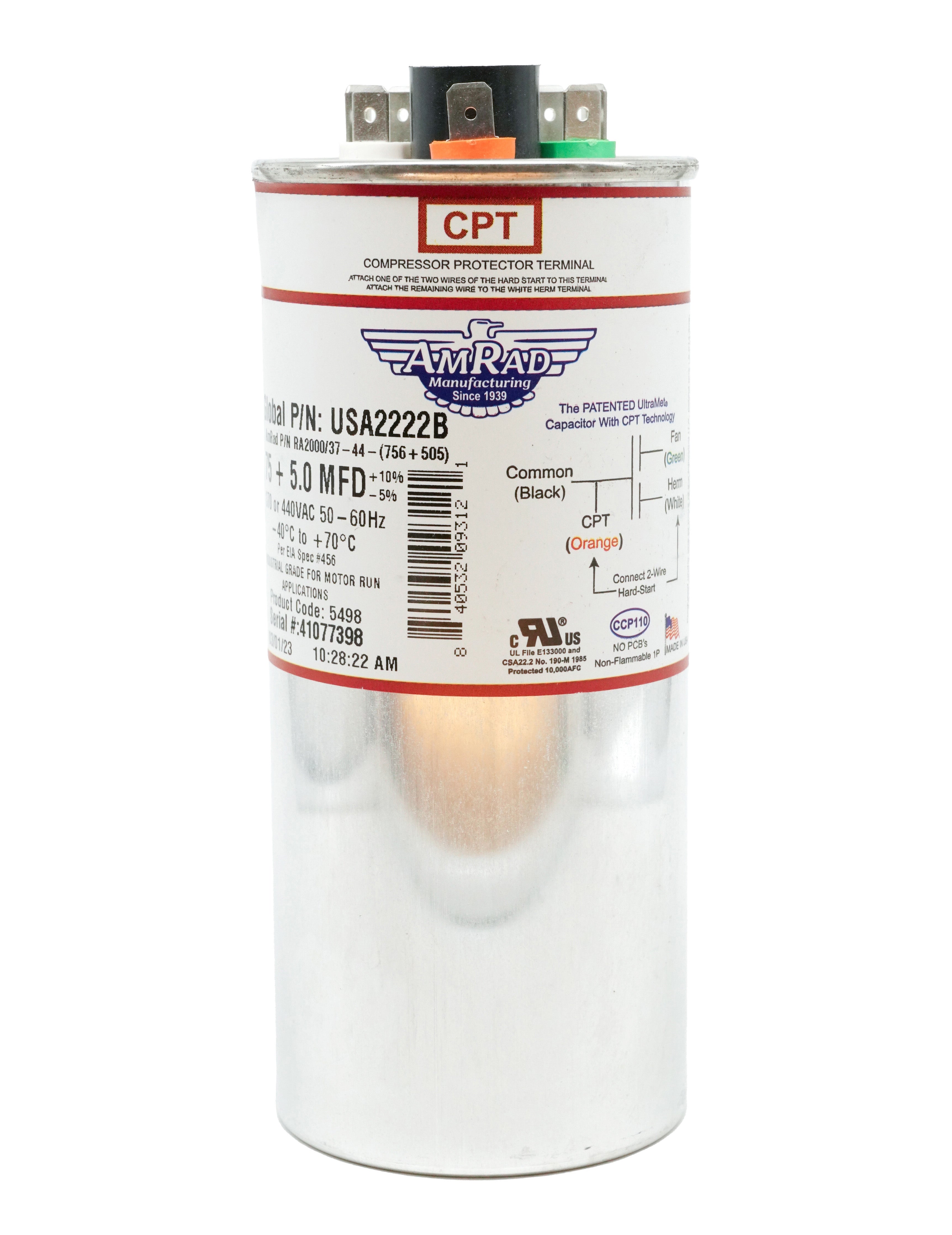 MARS USA2222B AmRad 75/5 MFD 440/370V Round Motor Run Capacitor - Edmondson Supply