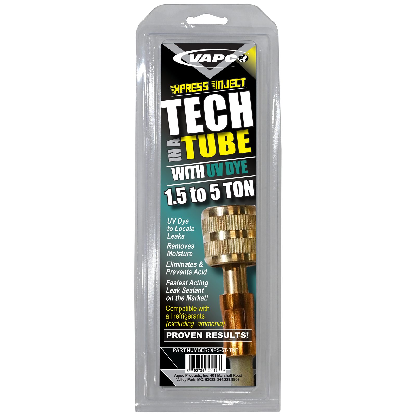 Vapco Products XPS-5T-TNT Xpress Tech In A Tube Direct Inject AC Leak Sealant/UV Dye/Acid & Moisture Protection, 1.5 to 5 Tons - Edmondson Supply