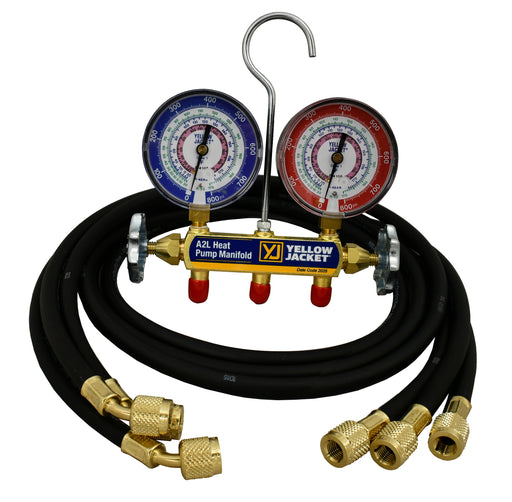 Yellow Jacket 42046 A2L Heat Pump Manifold with 60″ Black PLUS II 1/4″ Hoses, R-32/454B/410A, °F - Edmondson Supply