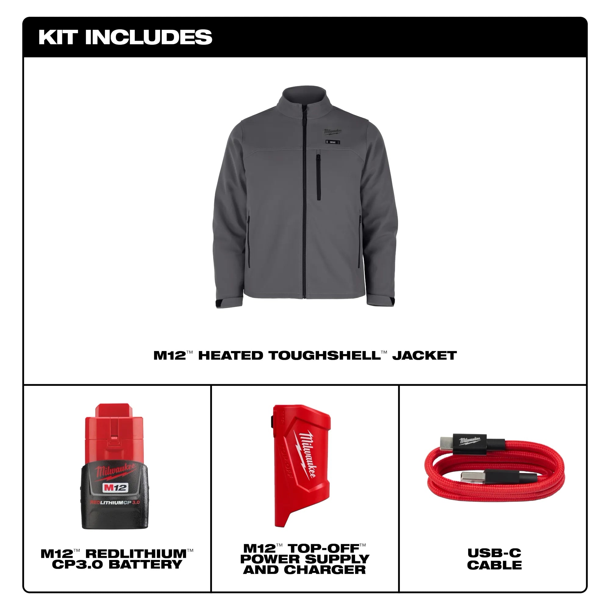 Milwaukee M100G-212X M12™ Heated TOUGHSHELL™ Jacket Kit (Gray 2XL) - Edmondson Supply