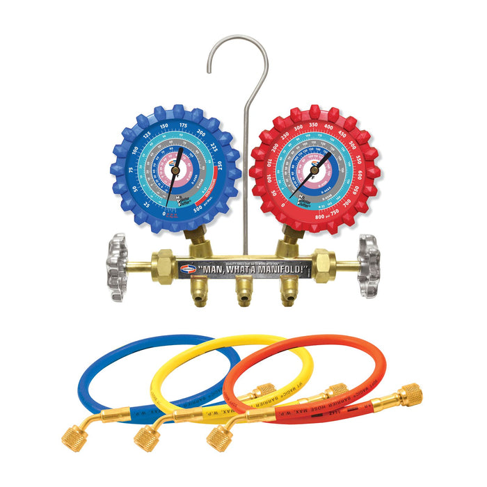 Uniweld A2LM5H A2L 2-V Brass Manifold with 3-1/8” NPF® Gauges (R-32/R-454B/R-448A/R-410A) and 5ft. Soft Magic® Barrier Hoses - Edmondson Supply