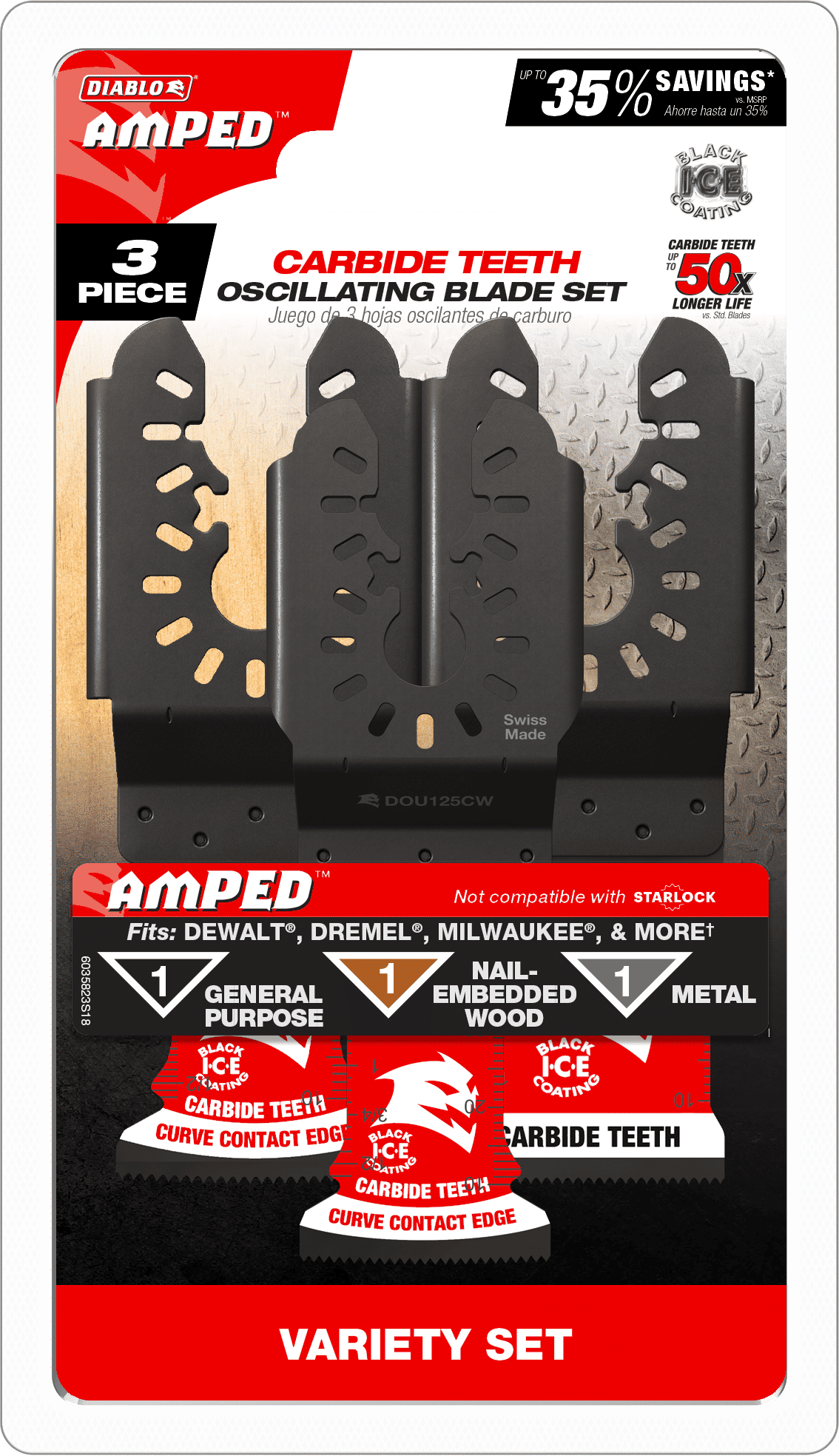 Diablo Tools DOU3CVS AMPED™ Demo Demon™ & AMPED™ Steel Demon™ Universal Fit Carbide Oscillating Blade Set (3-pc) - Edmondson Supply