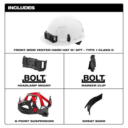 Milwaukee 48-73-1220 BOLT™ Front Brim Hard Hat w/6pt Ratcheting Suspension (White- Vented Class C) - Edmondson Supply
