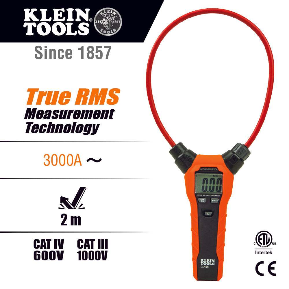 Klein Tools CL150 Clamp Meter, Digital AC Electrical Tester with 18-Inch Flexible Clamp - Edmondson Supply